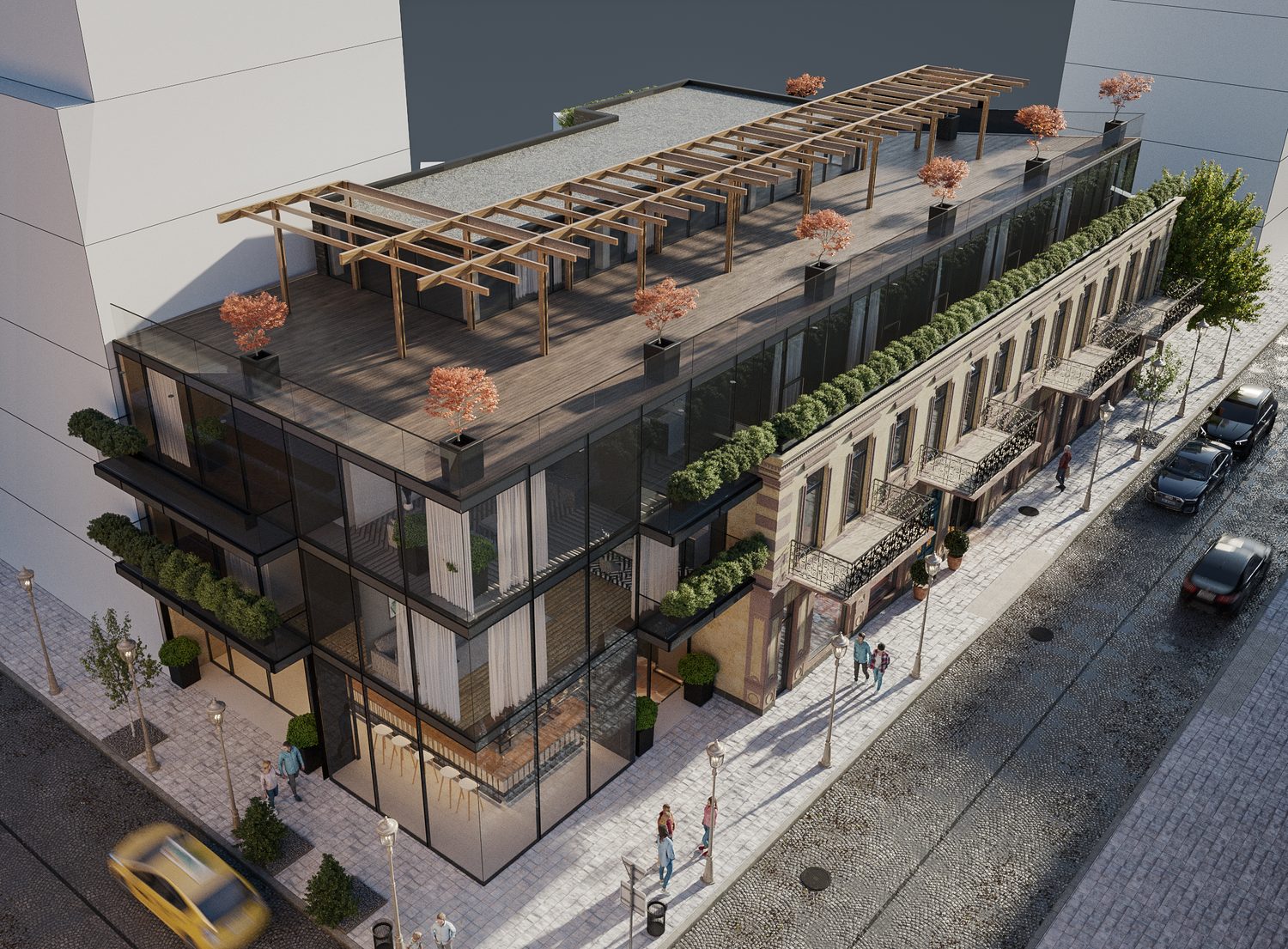 The restored frontage at street level, and the whole block from above with the roof terrace along its length.