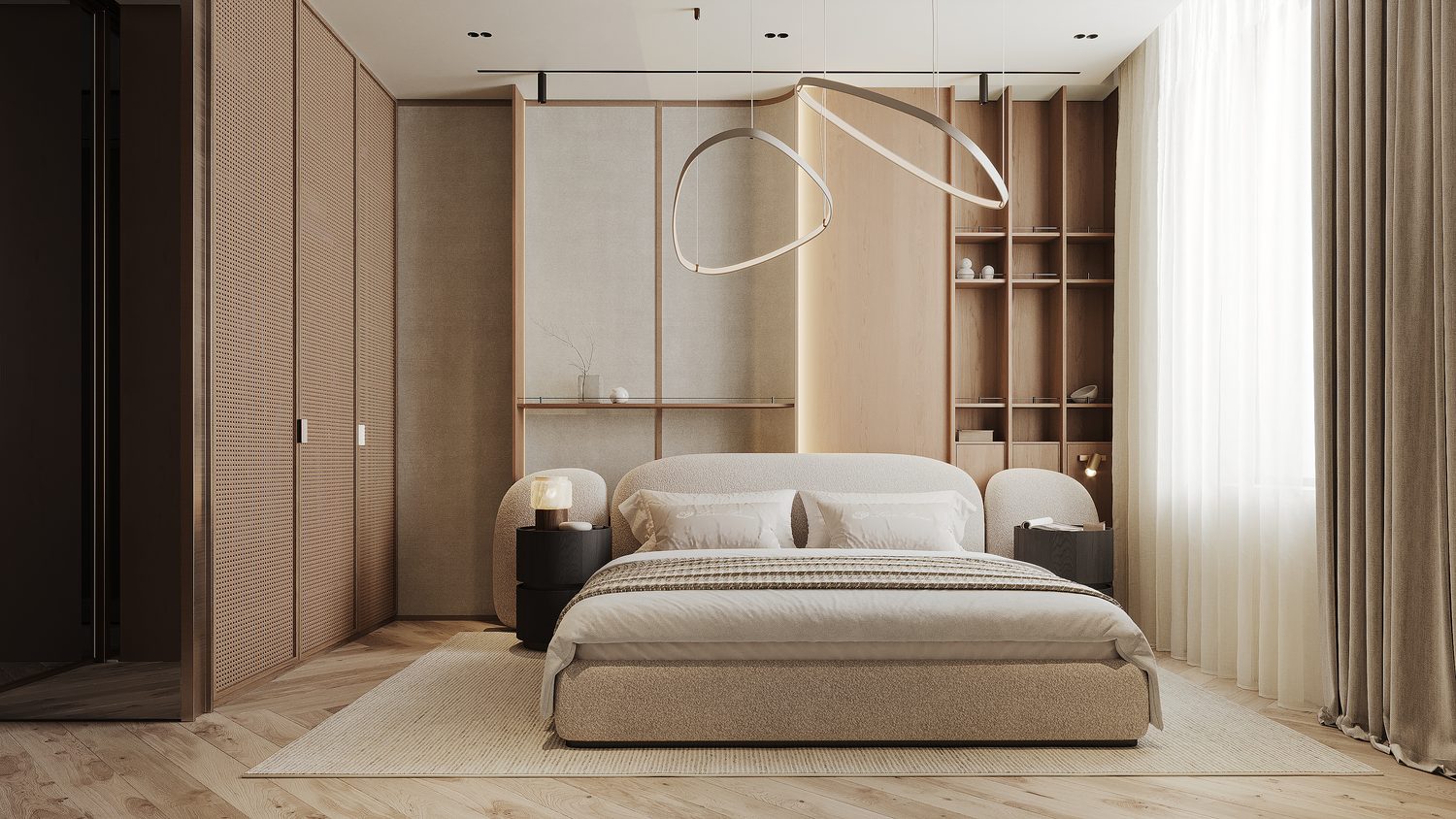 The bedroom straight on against the wardrobe wall, and from the door with the ring pendant overhead.