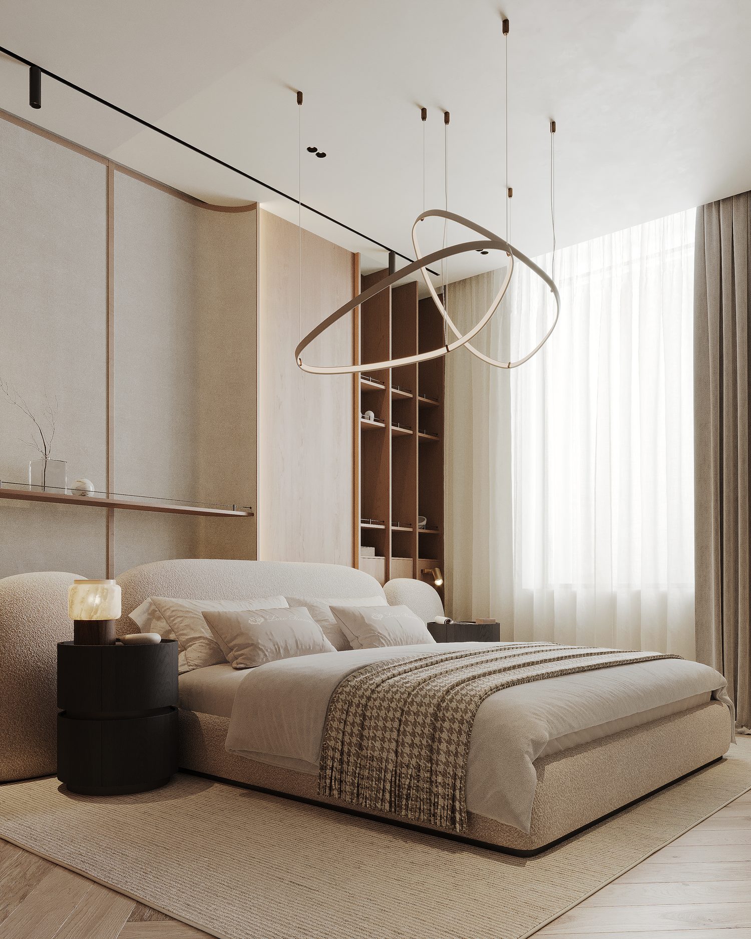 The bedroom straight on against the wardrobe wall, and from the door with the ring pendant overhead.