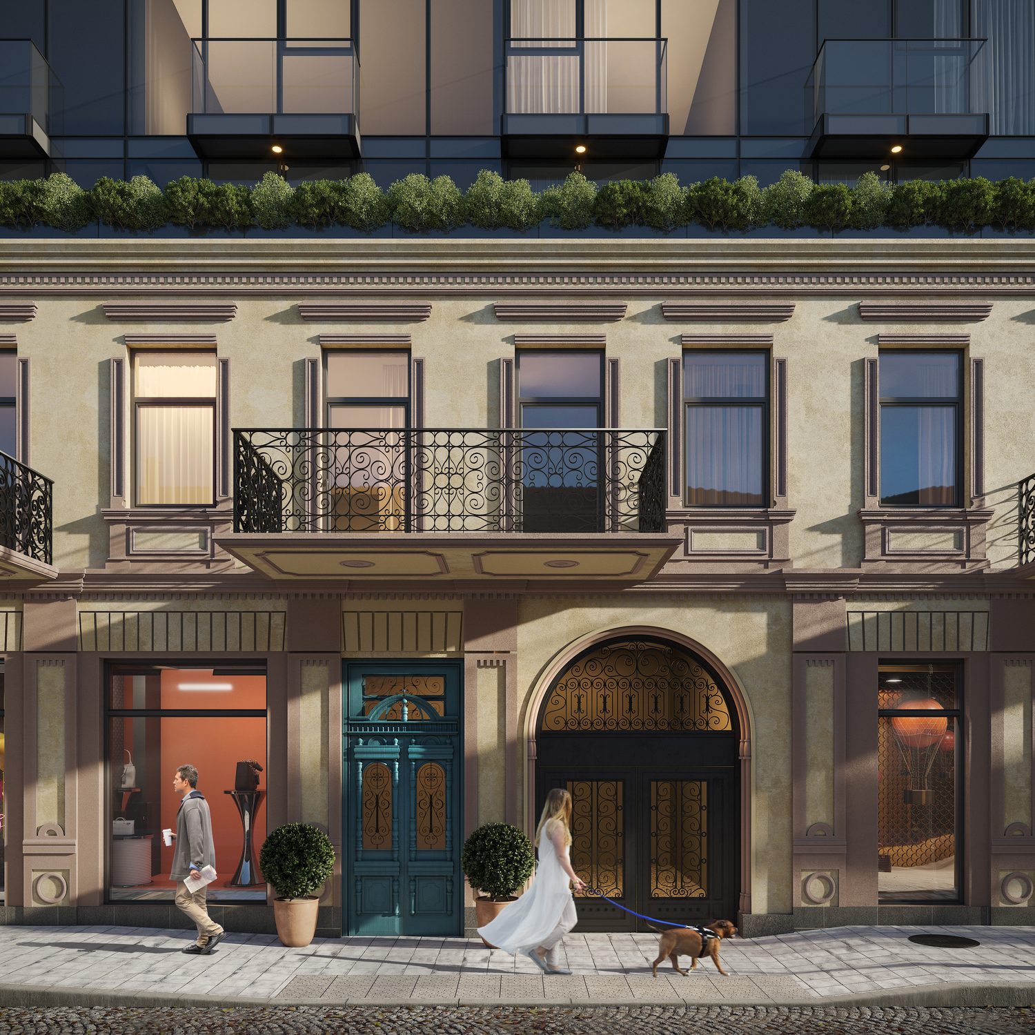 The restored frontage at street level, and the whole block from above with the roof terrace along its length.