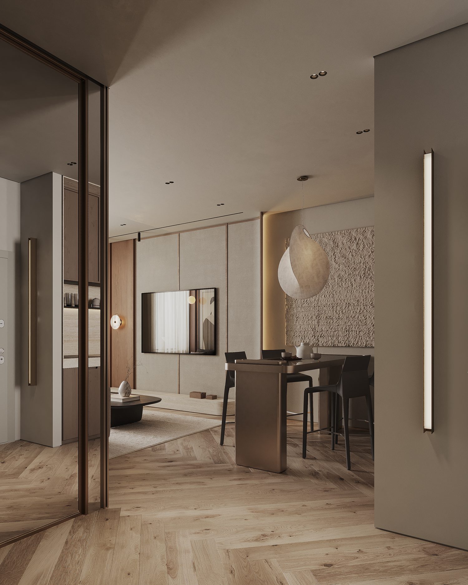 The kitchen and its counter seating, and the view from the entrance through to the living room.