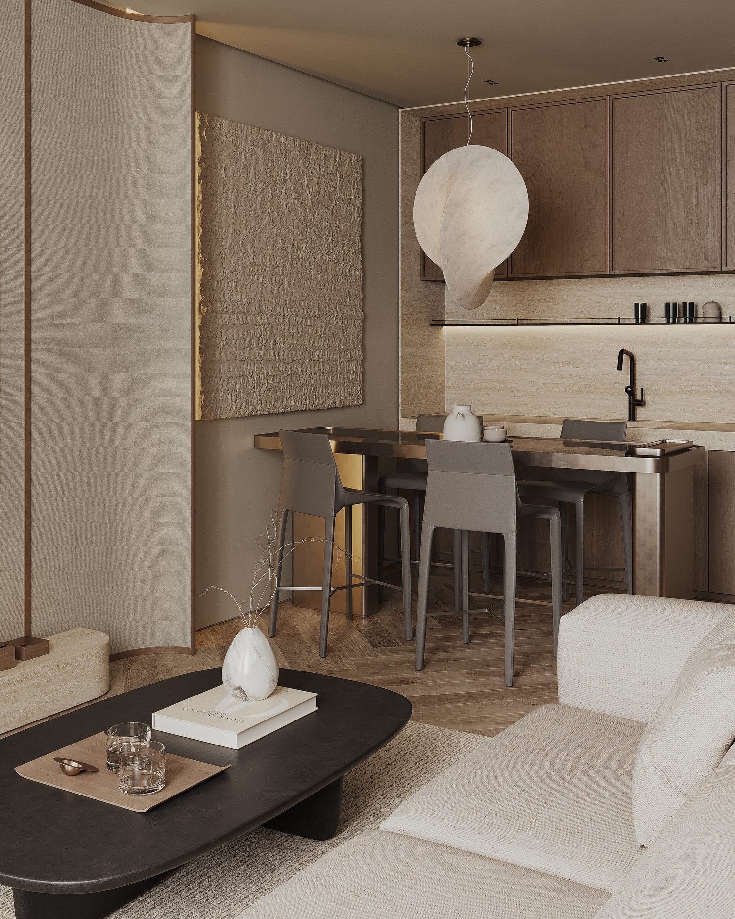 The kitchen and its counter seating, and the view from the entrance through to the living room.