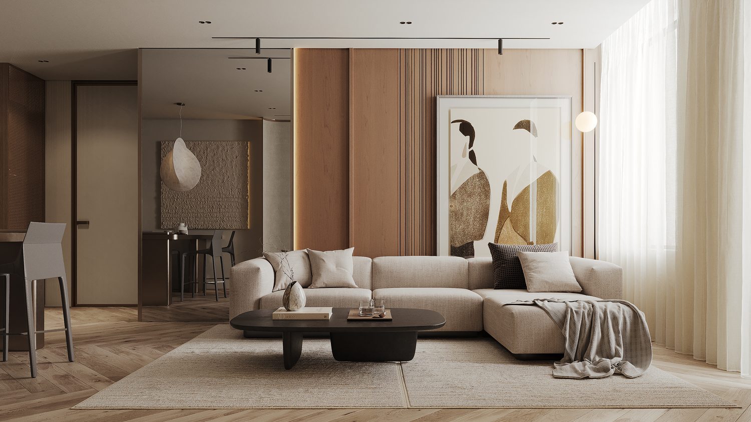 The living room against the fluted oak wall, and the same corner with the afternoon light through the sheers.