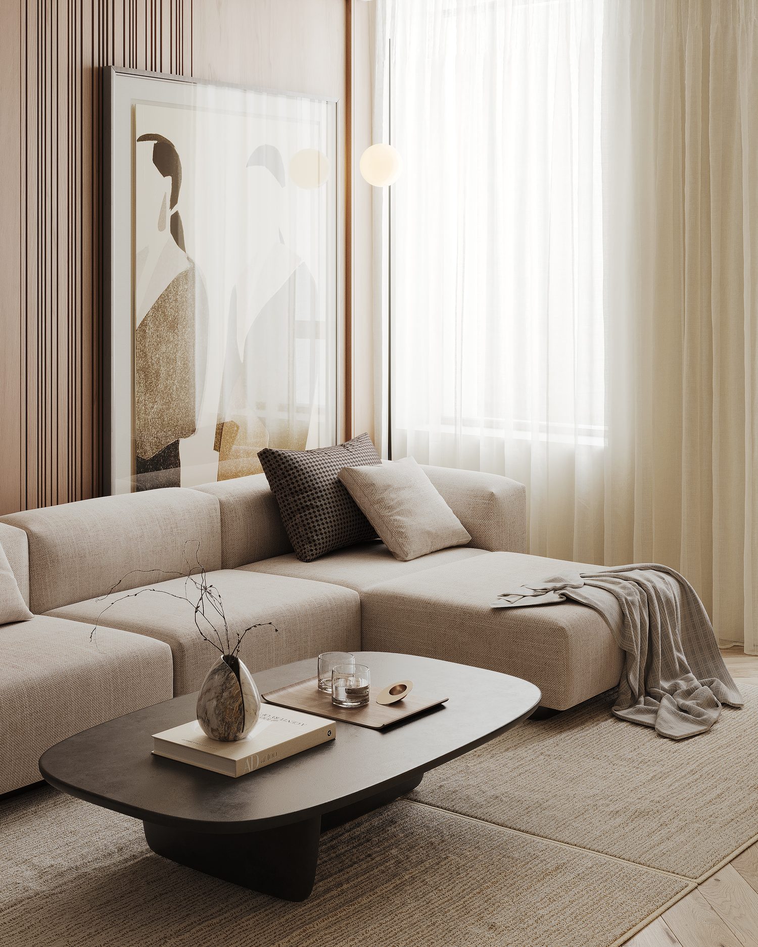 The living room against the fluted oak wall, and the same corner with the afternoon light through the sheers.