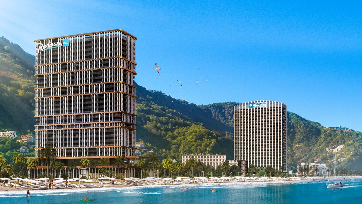 Radisson and Wyndham side by side at Gonio — the same developer, two hotel names, two handover dates.